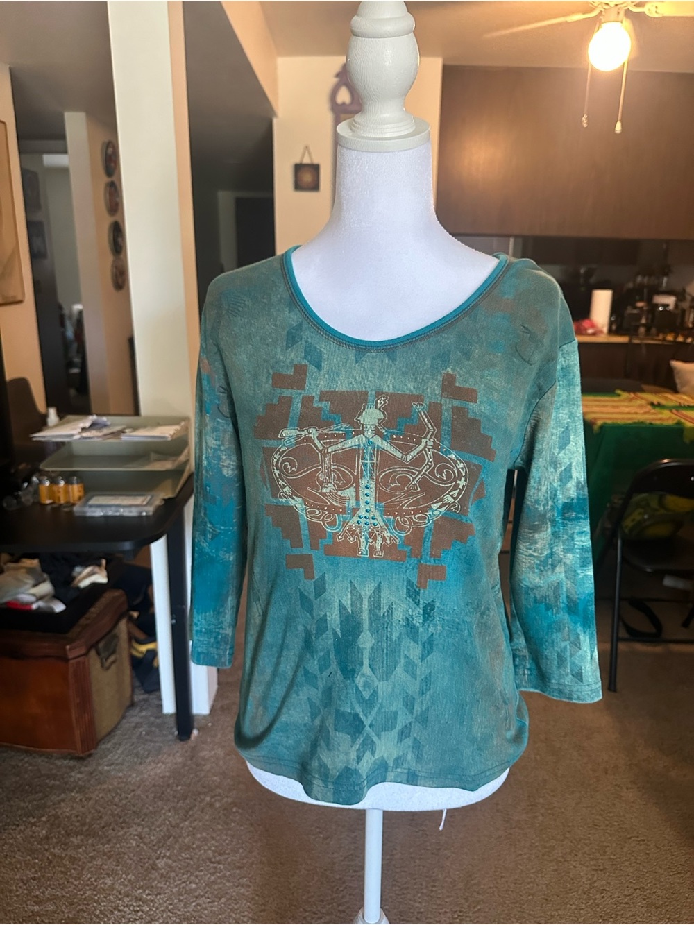 Cactus Teal and Brown Graphic Scoop-Neck 3/4 Sleeve Top